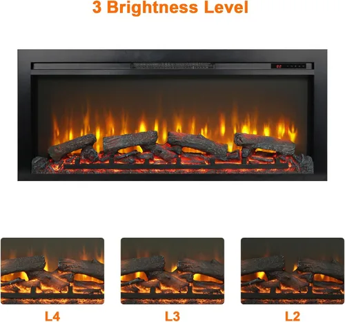 Miniatura 5 de Inserto de chimenea eléctrica de 44 pulgadas, llama y tronco realistas, calentador de chimenea con brillo de llama ajustable y termostato