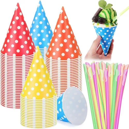 Miniatura 15 de Eaasty 200 tazas de cono de nieve y pajitas, cucharas de 4.5 onzas, popotes de papel desechables, cuchara de paja para aguanieve, helado afeitado