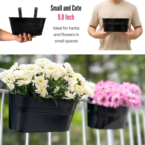Miniatura 7 de LaLaGreen - Maceta de riel para exteriores (paquete de 2 unidades, 9.8 pulgadas), macetas pequeñas y bonitas de metal para colgar en la terraza