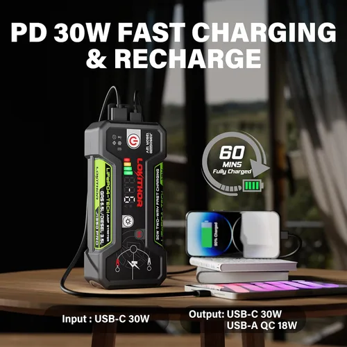 Miniatura 7 de LOKITHOR J1350 PRO Arrancador con ConnectMax, caja de arranque de 1350 amperios LiFePO4 para motores de 6.5L de gasolina y 3.5L diésel, arrancador