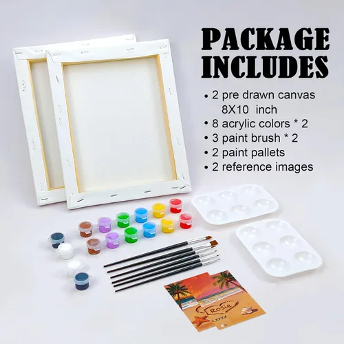 Miniatura 5 de VOCHIC Kit de pintura para sorbos y pinturas, lienzo predibujado para parejas, kit de pintura para adultos, citas, noche, puesta de sol, playa
