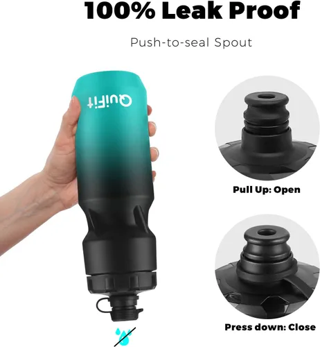 Miniatura 4 de QuiFit Paquete de 2 botellas de agua comprimibles para bicicleta de montaña, a prueba de fugas, con cubierta antipolvo, sin BPA, se adapta a