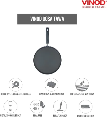 Miniatura 3 de Vinod Cookware Dosa Plancha (Tawa) con base de inducción – Sartén antiadherente 100% aluminio con superficie antiarañazos – Sartén plana multiusos