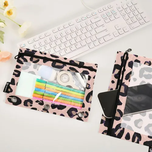 Miniatura 4 de Estuche para lápices con estampado de leopardo y guepardo rosa para carpeta de 3 anillos, 2 bolsas para lápices con cremallera, estuche transparente