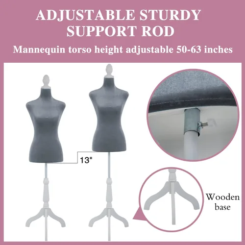 Miniatura 5 de Base de trípode de madera, maniquí femenino, forma de vestido de torso de 50 a 63 pulgadas, altura ajustable para coser, cuerpo de espuma (gris)