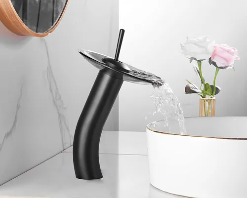 Miniatura 7 de Grifo de baño negro cascada con boquilla de vidrio giratoria de 360 ° con un solo mango, un agujero, latón macizo, grifo de cuenco de baño, lavabo