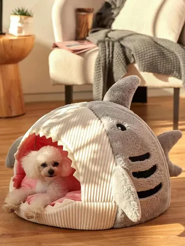 Miniatura 3 de QWINEE Alfombrilla para Gatos en Forma de Tiburón Caseta Cama para Gatitos Refugio Casa Cálida Suave Cómoda Semi-Cerrada Nido para Gatos y Perros