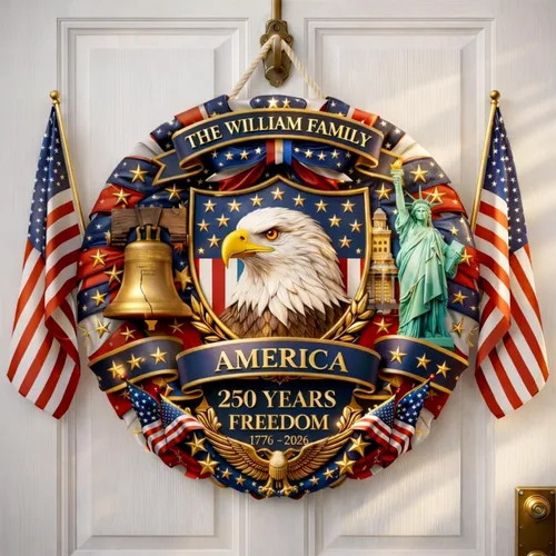 Miniatura 18 de NAZENTI Letrero personalizado para puerta del 4 de julio con nombre familiar, coronas de puerta personalizadas para 250 aniversario de Estados