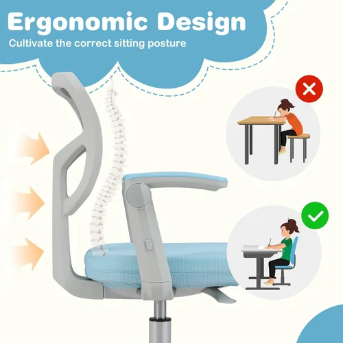 Miniatura 8 de HONEY JOY Silla de escritorio para niños, silla de estudio para niños con altura ajustable, reposabrazos/reposapiés, silla giratoria de malla