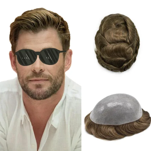 Miniatura 10 de Toupee para hombres Sistema de reemplazo de cabello humano real duradero invisible para hombre Toupee Hair Piece para hombres Poly Men Sistema
