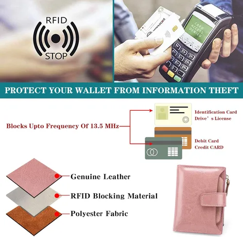 Miniatura 6 de FALAN MULE - Cartera de cuero auténtico para mujer pequeña plegable compacta con interferencia de radiofrecuencia RFID