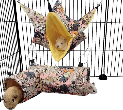 Hamaca para hurón y túnel de rata de indias, túnel de esquina de animales pequeños, tubos y cama para erizo, cerdito de chinchilla, juguetes y 4.