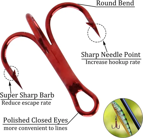 Miniatura 2 de Fishing Treble Hooks Kit, Sharp Replacement Treble Hooks for Lures Baits, High Carbon Steel Fishing Hooks with Stainless Steel Split Rings Set for