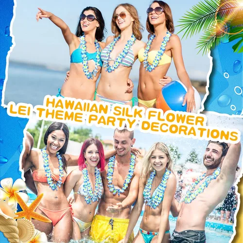 Miniatura 6 de Jexine 50 unidades de collar hawaiano Leis de flores tropicales para fiesta Luau, flores artificiales, lazo para el cuello para decoración de playa