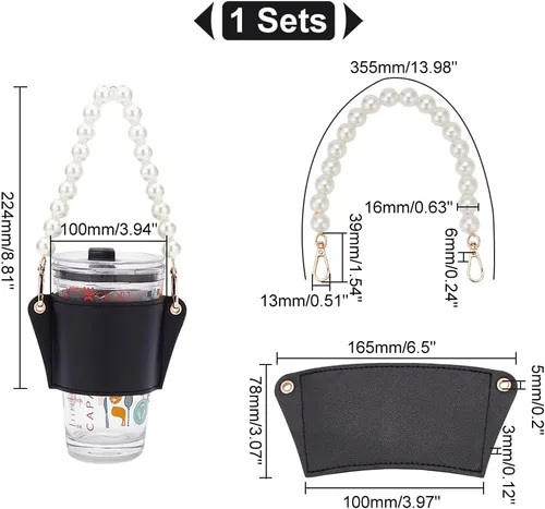 Miniatura 2 de WADORN Funda reutilizable de piel sintética con asa de perla, soporte portátil para taza de café con cadena extraíble para taza de bebidas Negro