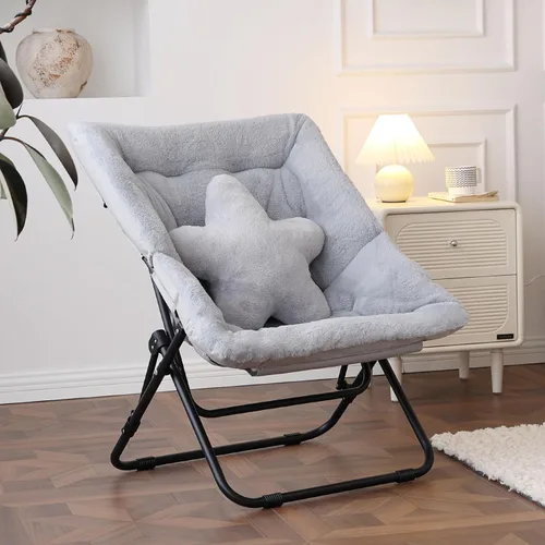 Miniatura 14 de Welnow Cómoda silla platillo con otomana, silla de lectura plegable de gran tamaño para adultos con almohada, silla de salón de piel sintética suave
