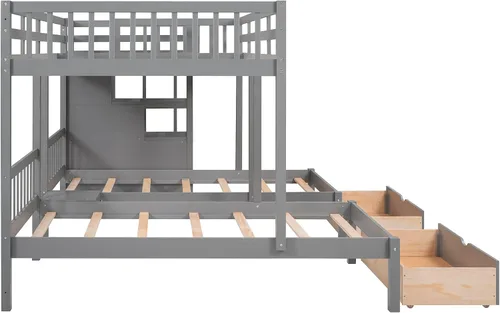 Miniatura 9 de Literas de tamaño matrimonial sobre individual e individual, litera triple de madera con cajones de almacenamiento, barandillas y escalera para 3