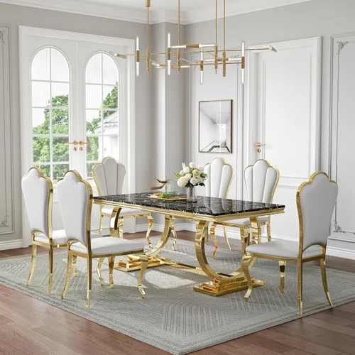 Miniatura 44 de Juego de mesa de comedor de mármol de 70 pulgadas para 6, mesa de cocina grande y sillas de cuero negro, mesas de comedor modernas negras y doradas