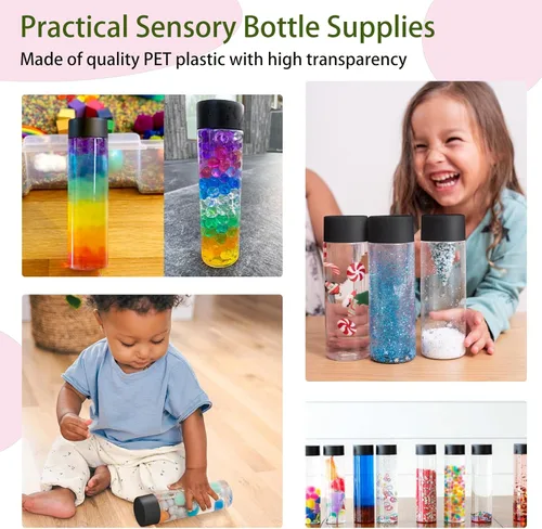 Miniatura 5 de DI QIU REN Paquete de 16 botellas de plástico transparente, botellas sensoriales vacías con tapas, botellas de jugo reutilizables, recipientes