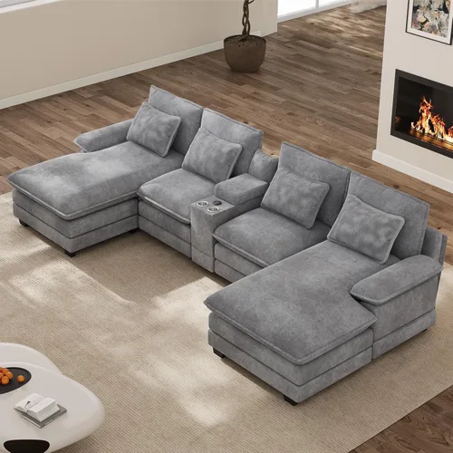 Miniatura 15 de Sofá seccional en forma de U de 132 pulgadas, mullido y afelpado de pana de 4 asientos, sofás seccionales color negro para sala de estar, cómodo