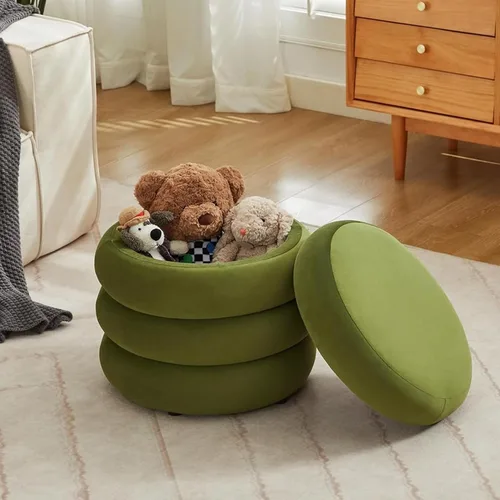 Miniatura 6 de Flouki Taburetes otomanos redondos de almacenamiento de 19.5 pulgadas, taburetes de tocador para dormitorio, puf otomano de terciopelo con tapa Verde