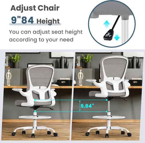 Miniatura 6 de Silla de dibujo, silla de oficina alta con reposabrazos abatibles, silla de escritorio de pie ergonómica ejecutiva para computadora, silla de dibujo
