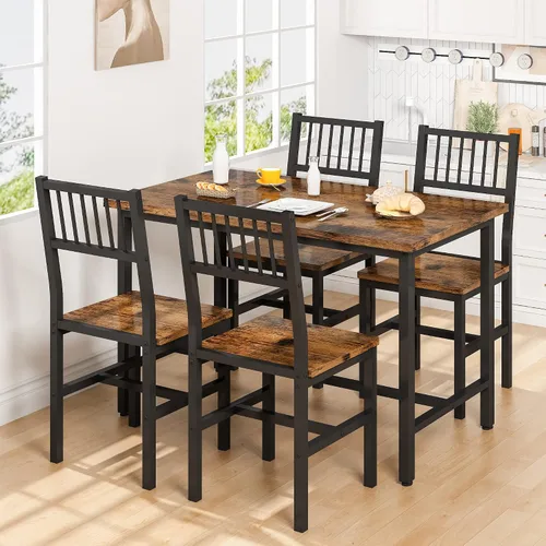 Miniatura 2 de AWQM Juego de mesa de comedor de 43.3 pulgadas para 4, mesa industrial con 4 sillas curvas, juego de mesa de cocina rectangular de 5 piezas