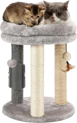Miniatura 12 de MECOOL Árbol pequeño para gatos 4en1, poste rascador con torre, cama suave, alfombra de sisal, postes de yute con tres juguetes de bola colgante