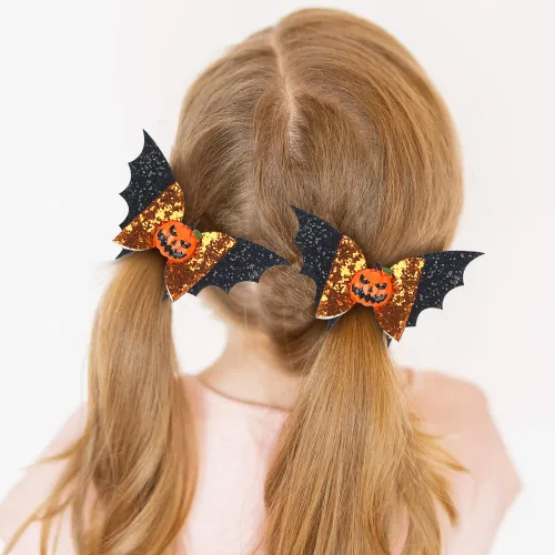 Miniatura 2 de Pinzas para el pelo con lazo para la cabeza de calabaza con alas de murciélago de Halloween (A- Negro naranja)
