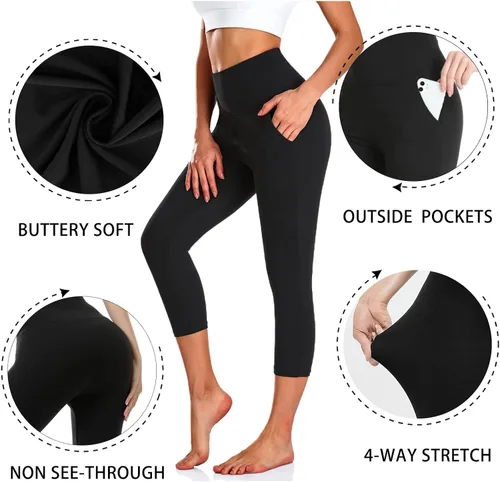 Miniatura 6 de NEW YOUNG Paquete de 3 leggings capri para mujer con bolsillos, cintura alta, control de abdomen, pantalones negros para entrenamiento, gimnasio