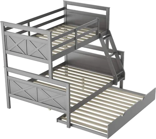 Miniatura 5 de Merax Litera individual sobre cama matrimonial con escalera, cama nido tamaño individual, barandilla de seguridad, gris con nido