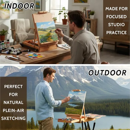 Miniatura 6 de Falling in Art - Caballete de campo y boceto estilo francés ligero con trípode de aluminio, caballete de pie de madera de haya ajustable con cajón