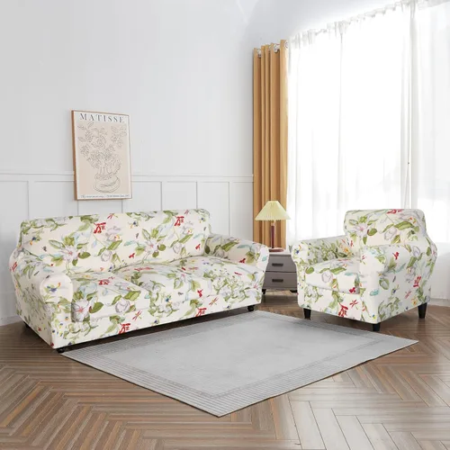 Miniatura 5 de SearchI - Funda de sofá elástica con estampado floral, 3 piezas, incluye 2 fundas de cojín independientes, protector lavable para muebles de sala