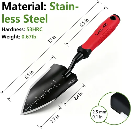 Miniatura 3 de Paleta de jardín resistente, pala de mano puntiaguda de acero inoxidable con mango de goma antideslizante, ideal para excavar, deshierbar