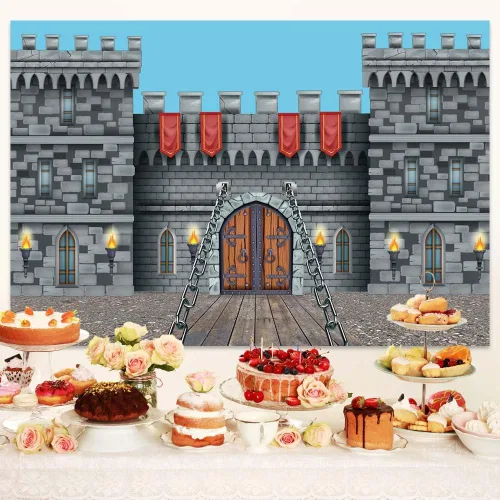 Miniatura 5 de Telón de fondo de castillo medieval de 7 x 5 pies, pancarta de decoración de fiesta de castillo de caballero con arcos medievales para puerta