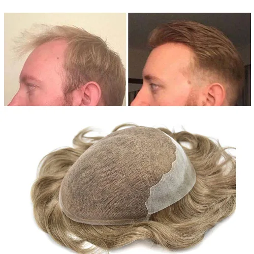 Miniatura 45 de Mens Toupee Swiss Lace Mens Hair Piece Sistema de reemplazo de cabello para hombres Toupee para hombres Cabello humano nudo blanqueado protesis