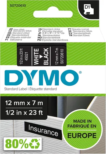 DYMO DYMS0720610 - Cinta de cartucho, 0.472 in x 23.0 ft, color blanco sobre negro