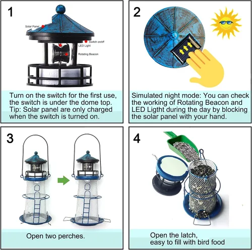 Miniatura 7 de Comedero Solar para Pájaros Faro con Faro Giratorio - 14" Comedero Colgante Mejores Regalos de Comedero para Amantes de las Aves (Azul Espacial)