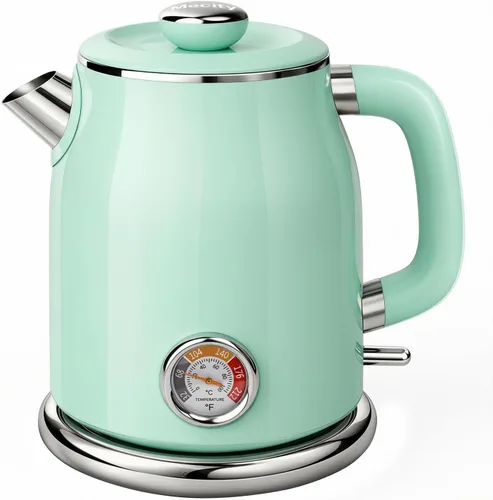Miniatura 9 de Mecity Hervidor eléctrico retro 1.7L, interior de acero inoxidable, contacto de agua de silicona de grado alimenticio, doble pared fría al tacto