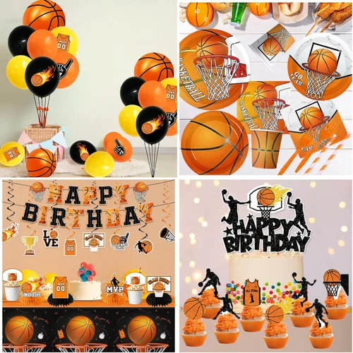 Miniatura 5 de Decoraciones de fiesta de baloncesto, 206 decoraciones de cumpleaños de baloncesto incluyen platos y servilletas, vasos, mantel, pancarta, remolinos