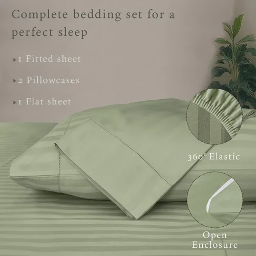 Miniatura 3 de Threadmill Juego de ropa de cama de algodón de lujo de 500 hilos tamaño Queen de 4 piezas, sábanas suaves y sedosas de color verde salvia con Rayas