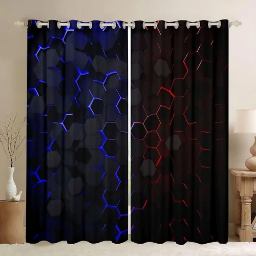 Miniatura 21 de Manfei Cortinas opacas negras de panal de abeja con luces de neón azul real, tratamientos de ventana con estampado geométrico hexagonal, decoración