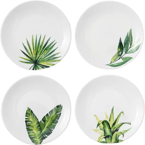 Juego de 4 platos de porcelana de 6 pulgadas con patrones de plantas, platos de postre de cerámica, vajilla para sándwiches, ensalada, pasta,