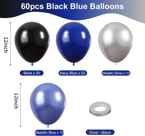 Miniatura 2 de KBZVNAF Globos de látex negro, azul y plateado, paquete de 60 globos de fiesta de 12 pulgadas, azul real, negro, azul metálico, plateado