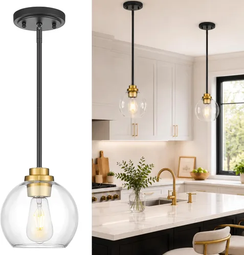Miniatura 28 de Luces Colgantes de Latón para Isla de Cocina Paquete de 2, Luz Colgante Dorada Estilo Granja con Pantalla de Globo de Vidrio Transparente