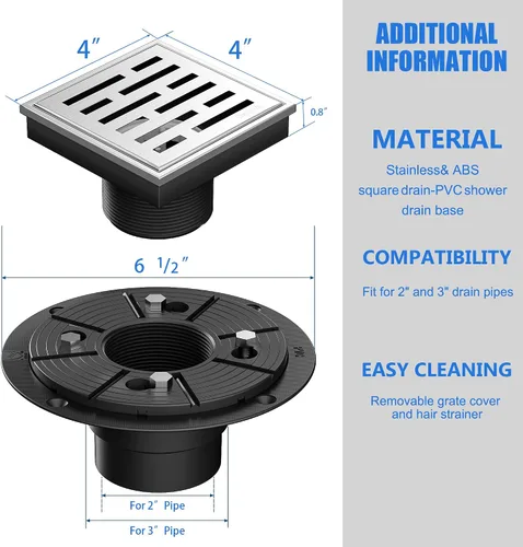 Miniatura 3 de Neodrain Drenaje de ducha cuadrado, rejilla de acero inoxidable 304 de 4 pulgadas y cuerpo de drenaje de PVC, rejilla de patrón de ladrillo