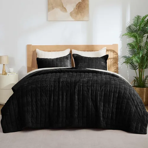 BEDELITE Juego de edredón de terciopelo tamaño Queen – Juego de ropa de cama de terciopelo de lujo de 3 piezas, suave y acogedor color negro, colcha