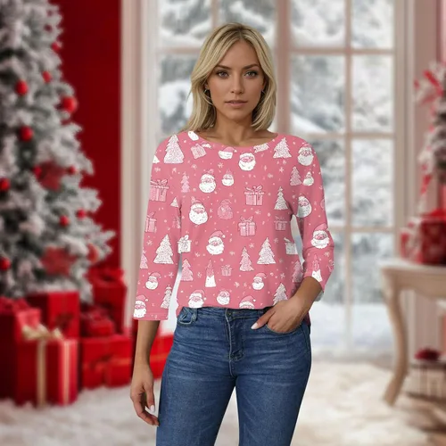 Miniatura 29 de Camisetas de manga 3/4 para mujer, cuello redondo, holgadas, casuales, con estampado floral, camisetas de moda para el trabajo de negocios