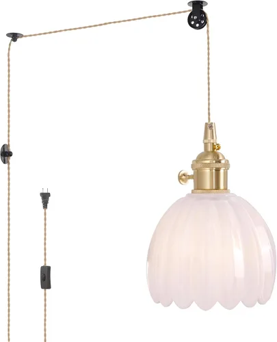 Miniatura 35 de Shenmoyl Lámpara colgante con pantalla de vidrio transparente a rayas, luz colgante vintage de latón, luz colgante ajustable para cocina, isla