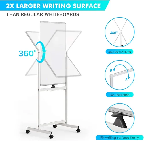 Miniatura 2 de Pizarra blanca rodante, pizarra blanca móvil magnética de 40 x 24 pulgadas, pizarra de borrado en seco de doble cara con soporte, caballete